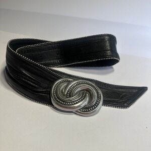Fahrenheit NY Connie Bates Black Leather Belt Womens Medium 36" Pewter Buckle